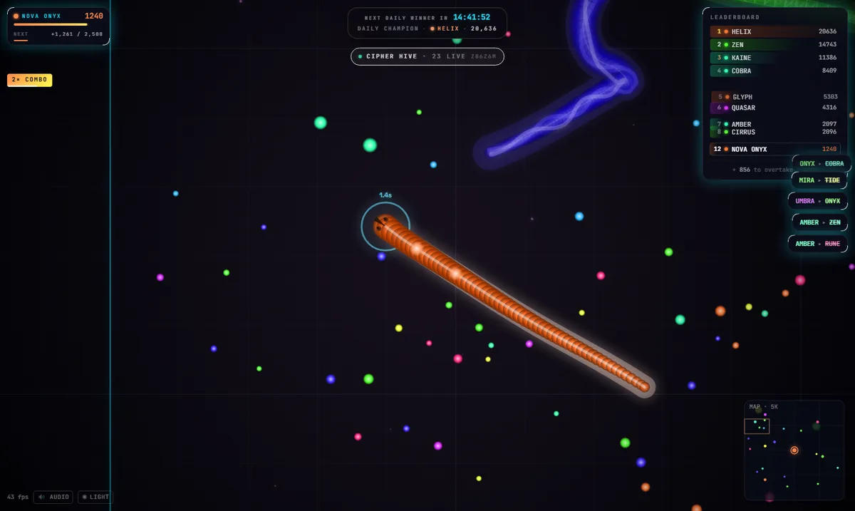 Early-game CellSnake: a young snake with its spawn-shield timer visible, surrounded by scattered pellets, with a large rival passing safely in the distance